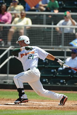 University of Miami First Baseman Rony Rodriguez #21 plays in a game against Georgia Tech at Alex Rodriguez Park on March 26, 2011.  Photos by Steven...