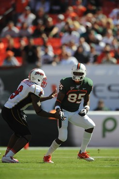 University of Miami Hurricanes wide receiver Leonard Hankerson #85 plays in a game against the Maryland Terrapins at Sun Life Stadium on November 6,...