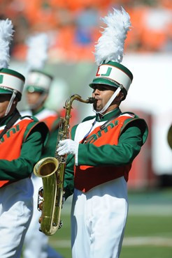 The University of Miami Band of the hour performs for fans in a game against the Maryland Terrapins at Sun Life Stadium on November 6, 2010.  Photo by...