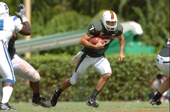 University of Miami quarterback Kirby Freeman #7 completed 1 pass on 2 attempts for 15 yards and rushed 1 time for 14 yards in a game against the Duke...