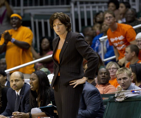 Miami's head coach Katie Meier watches her team during the first half of an NCAA women's college basketball game against Boston College in Coral...