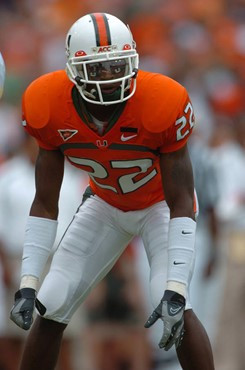 University of Miami defensive back Bruce Johnson #22 drops into coverage in a game against the Georgia Tech Yellow Jackets at the Orange Bowl on...