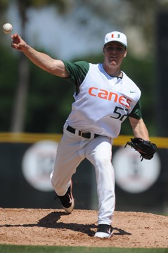 University of Miami Pitcher, Eric Whaley #52, starts in a game against VirginiaTech at Alex Rodriguez Park on March 13, 2011.  Photos by Steven...