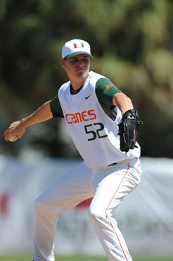University of Miami Pitcher, Eric Whaley #52, starts in a game against VirginiaTech at Alex Rodriguez Park on March 13, 2011.  Photos by Steven...