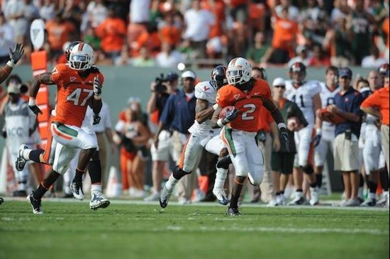 University of Miami Hurricanes running back Lee Chambers #32 plays in a game against the Virginia Cavaliers at Land Shark Stadium on November 7, 2009....