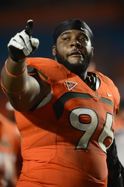 University of Miami Hurricanes defensive lineman Curtis Porter #96 plays in a game against the Virginia Tech Hokies at Sun Life Stadium on November 1,...