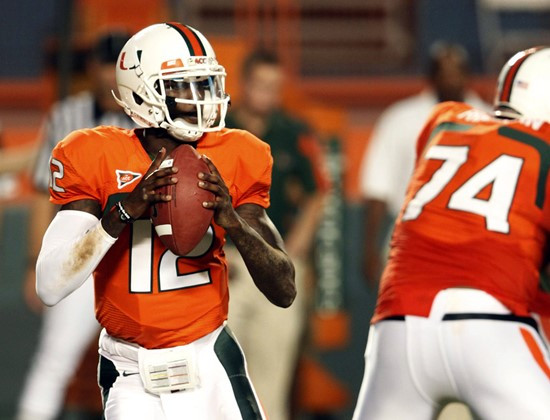 Miami quarterback Jacory Harris prepares to pass during the first half of an NCAA college football game against Florida A&amp;M, Thursday, Sept. 2,...