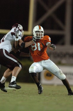 University of Miami defensive end Calais Campbell #81 in a game against the Texas A&M Aggies at the Orange Bowl on September 20, 2007.  The Hurricanes...