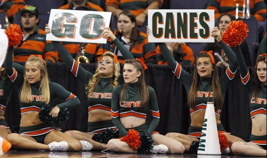Miami cheerleaders cheer on their team during the second half of a second-round NCAA women's college basketball tournament game in Charlottesville,...