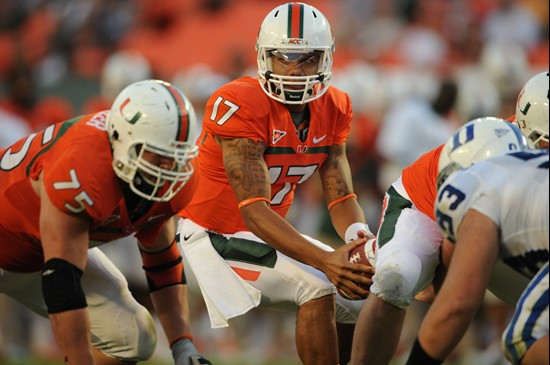 University of Miami Hurricanes quarterback Stephen Morris #17 plays in a game against the Duke Blue Devils at Sun Life Stadium on November 5, 2011. ...