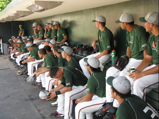 Players in the dugout at Miami's first official fall practice on Oct. 15, 2009.