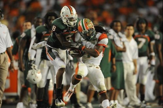 University of Miami Hurricanes defensive back DeMarcus Van Dyke #8 plays in a game against the Florida A&M Rattlers at Land Shark Stadium on October...