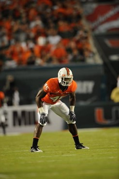 University of Miami Hurricanes defensive back Ramon Buchanan #45 plays in a game against the Oklahoma Sooners at Land Shark Stadium on October 3,...