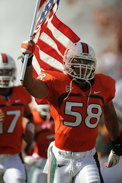 University of Miami Hurricanes linebacker Jordan Futch #58 plays in a game against the Georgia Tech Yellow Jackets at Sun Life Stadium on October 22,...