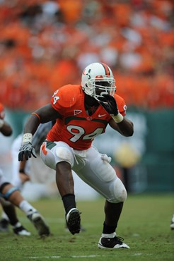 University of Miami Hurricanes defensive end Eric Moncur #94 rushes in a game against the North Carolina Tar Heels at Dolphin Stadium on September 27,...