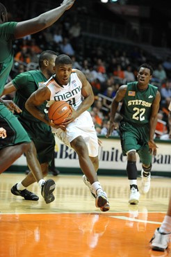 University of Miami Hurricanes guard-forward, DeQuan Jones #31, plays host to the Stetson University Hatters at the BankUnited Center on December 12,...