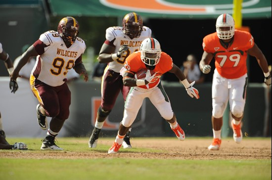 University of Miami Hurricanes running back Eduardo Clements #23 plays in a game against the Bethune Cookman Wildcats at Sun Life Stadium on October...