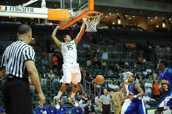 University of Miami Hurricanes guard Rion Brown #15 plays in a game against the Mcneese State Cowboys at the BankUnited Center on November 24, 2010. ...