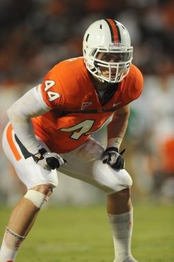 University of Miami Hurricanes linebacker Colin McCarthy #44 plays in a game against the FAMU Rattlers at Sun Life Stadium on September 2, 2010. Photo...