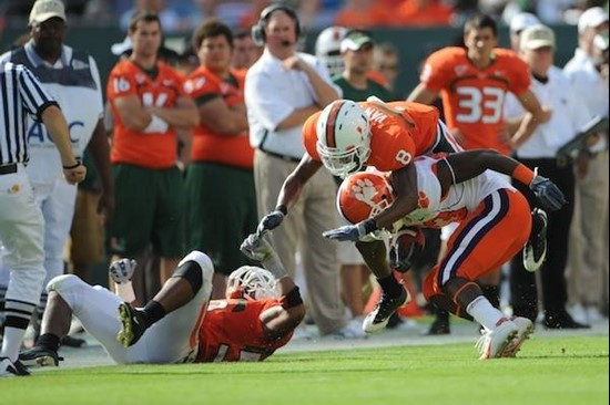 University of Miami Hurricanes defensive back DeMarcus Van Dyke #8 plays in a game against the Clemson Tigers at Land Shark Stadium on October 24,...