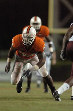University of Miami defensive end Eric Moncur #94 rushes in a game against the Texas A&M Aggies at the Orange Bowl on September 20, 2007.  The...