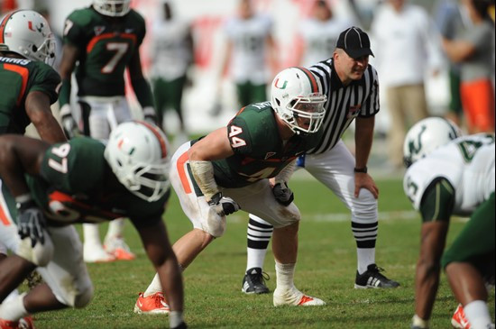 University of Miami Hurricanes linebacker Colin McCarthy #44 plays in a game against the University of South Florida Bulls at Sun Life Stadium on...
