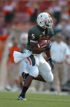 University of Miami running back Javarris James #5 rushed 16 times for 64 yards and caught 3 passes for 28 yards in a game against the Duke University...