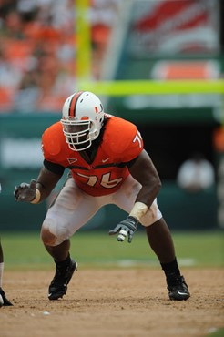 University of Miami Hurricanes offensive lineman Chris Rutledge #76 gets set to block against the North Carolina Tar Heels at Dolphin Stadium on...