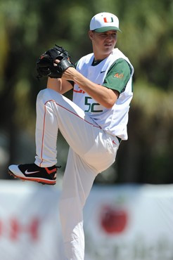 University of Miami Pitcher, Eric Whaley #52, starts in a game against VirginiaTech at Alex Rodriguez Park on March 13, 2011.  Photos by Steven...