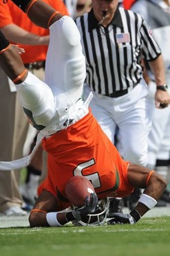 University of Miami Hurricanes running back Javarris James #5 catches the ball against the Virginia Cavaliers at Land Shark Stadium on November 7,...