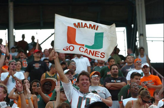 A University of Miami Hurricanes fan shows his team spirit by displaying the &acirc;?oeU&acirc;?? in a game against the Duke University Blue Devils at...