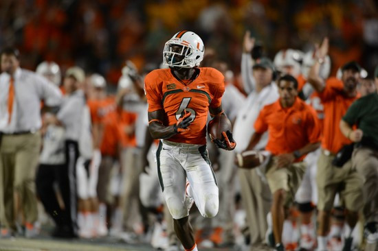 Wide receiver Herb Waters catches a pass against the Florida Atlantic Owls.  The University of Miami Hurricanes defeated the Owls at Sun Life Stadium...