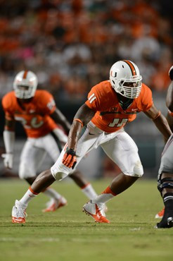 David Gilbert #11 and the University of Miami Hurricanes defeated the Florida Atlantic Owls at Sun Life Stadium by a final score of 34-6 on August 30,...
