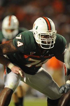 University of Miami Hurricanes offensive lineman Orlando Franklin #74 gets set to block against the Florida A&M Rattlers at Land Shark Stadium on...