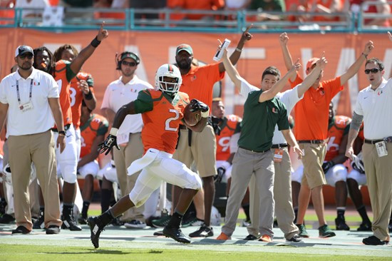 University of Miami Hurricanes running back Joseph Yearby #2 plays in a game against the Cincinnati Bearcats at Sun Life Stadium on October 11, 2014....