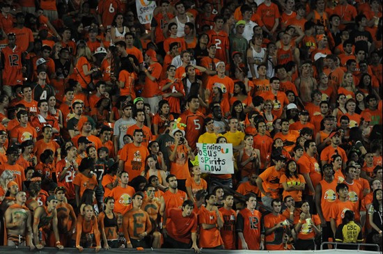 University of Miami Hurricane fans show their team spirit in a game against the Ohio State Buckeyes at Sun Life Stadium on September 17, 2011.  Photo...