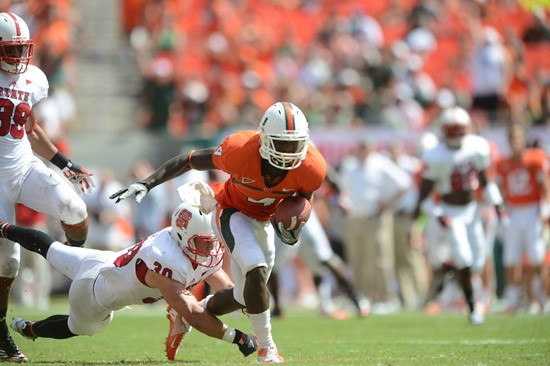University of Miami Hurricanes wide receiver Phillip Dorsett #4 plays in a game against the North Carolina State Wolfpack at Sun Life Stadium on...