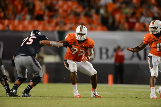 University of Miami defensive end Luther Robinson #93 and the Hurricanes defeated the Florida Atlantic Owls at Sun Life Stadium by a final score of...