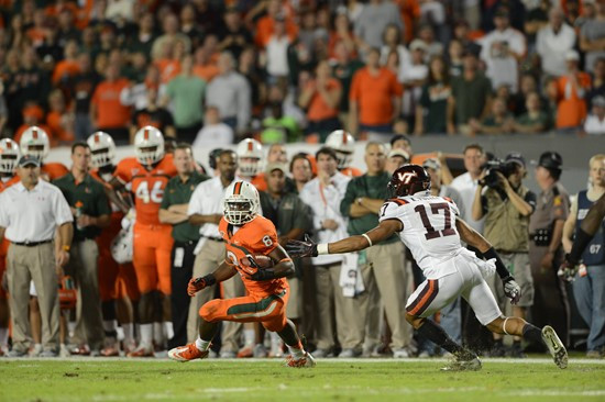 University of Miami Hurricanes running back Duke Johnson #8 plays in a game against the Virginia Tech Hokies at Sun Life Stadium on November 1, 2012. ...