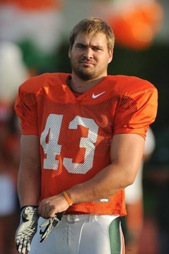 University of Miami Hurricanes John Calhoun #43 at Greentree practice fields training for the upcoming 2010 season. The practice was open for Season...