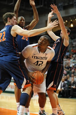 University of Miami Hurricanes center, Reggie Johnson #42 and the Canes play host to the Virginia Cavaliers at the BankUnited Center on February 5,...
