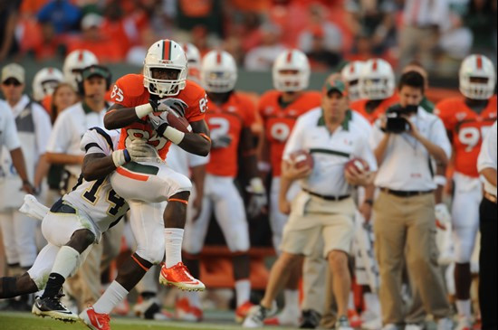 University of Miami Hurricanes wide receiver Phillip Dorsett #85 plays in a game against the Georgia Tech Yellow Jackets at Sun Life Stadium on...