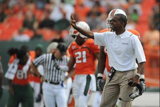 University of Miami Hurricanes head coach Randy Shannon on the sidelines in a game against the Virginia Cavaliers at Land Shark Stadium on November 7,...