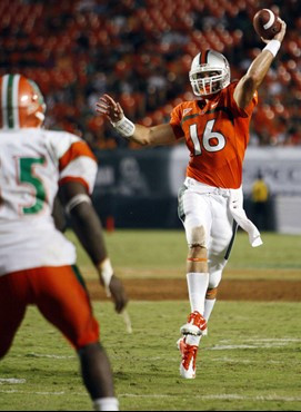 Miami quarterback Spencer Whipple passes during the second half of an NCAA college football game against Florida A&amp;M, Thursday, Sept. 2, 2010, in...