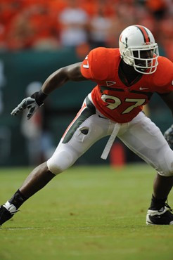 University of Miami Hurricanes RE Adewale Ojomo #97 plays against The Florida State Seminoles at Dolphin Stadium on October 4, 2008.    Photo by...