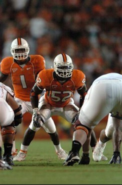 University of Miami Hurricanes linebacker Tavares Gooden #52 had 3 solo tackles and 1 assist against the Virginia Tech Hokies at the Orange Bowl on...