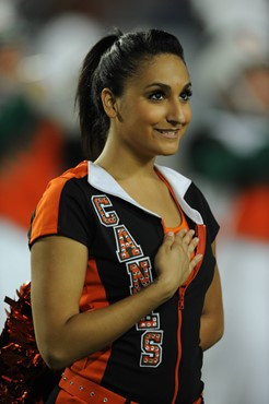University of Miami Hurricane cheerleaderâs show their team spirit in a game against the North Carolina Tar Heels at Sun Life Stadium...