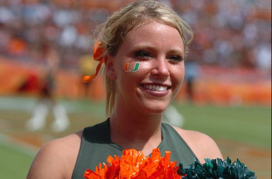 University of Miami cheerleaders entertain the crowd and show their support for the Hurricanes during a game against the Duke University Blue Devils...