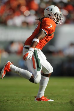 University of Miami Hurricanes defensive back Vaughn Telemaque #7 plays in a game against the Georgia Tech Yellow Jackets at Sun Life Stadium on...
