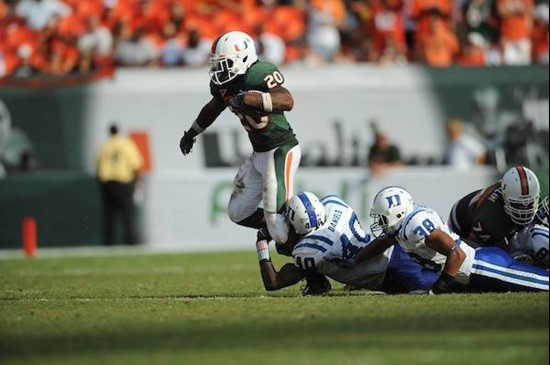 University of Miami Hurricanes running back Damien Berry #20 carries the ball against the Duke Blue Devils at Land Shark Stadium on November 21, 2009....